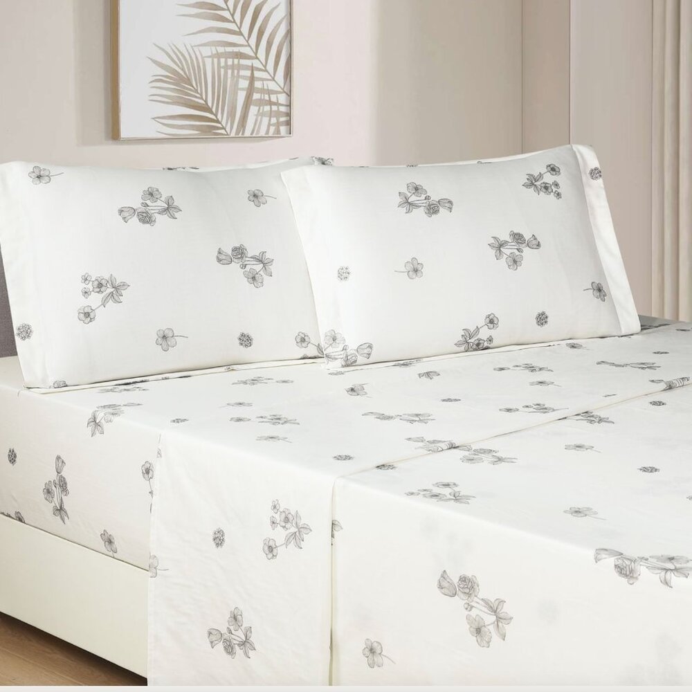 Shanon Black White‎ Floral 100% Cotton Sheet Set with Pillowcase French Country
